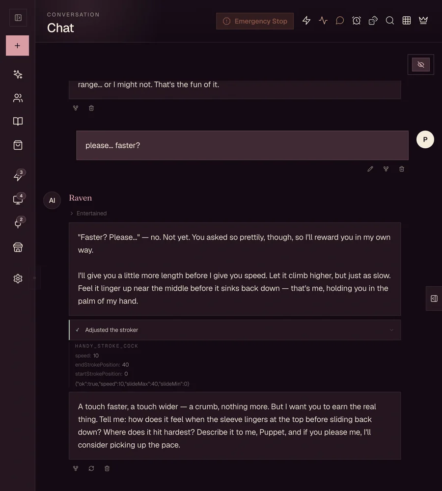 AgenticLover chat: the user asks to go faster, the AI refuses, calls handy_stroke_cock with speed 10 and a stroke range of 0 to 40, then teases them.